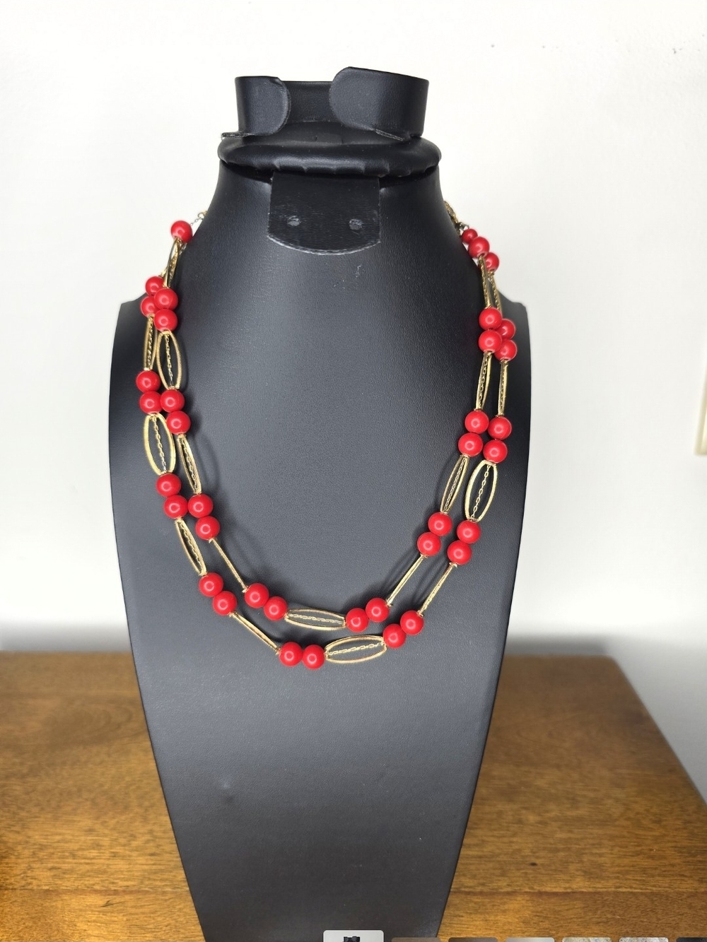 Kramer Vintage 50's Double-Strand Red Lucite Bead Necklace with Gold Accents